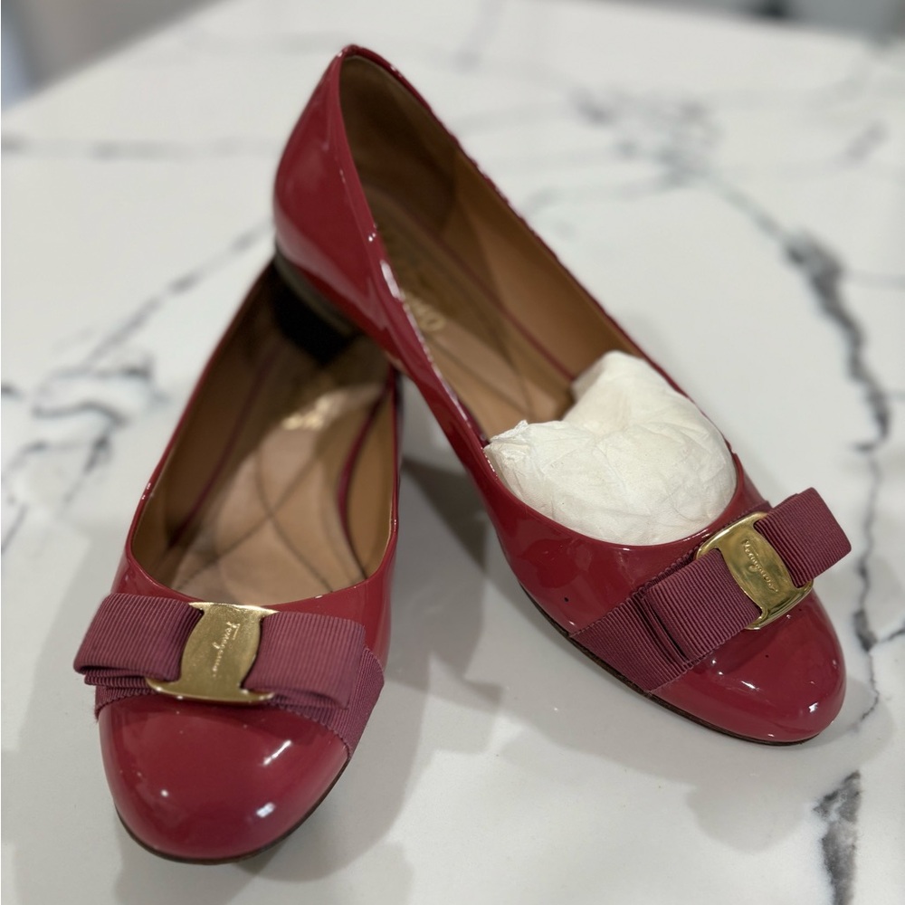 Salvatore Ferragamo Burgundy Flats with Gold Buckle